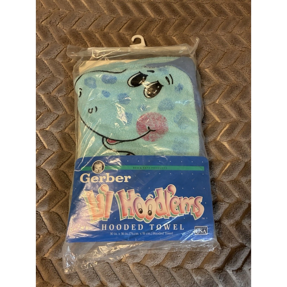 Gerber Lil Hoodlems Vtg 1992 Blue Dinosaur Hooded Towel 100% Cotton Made USA